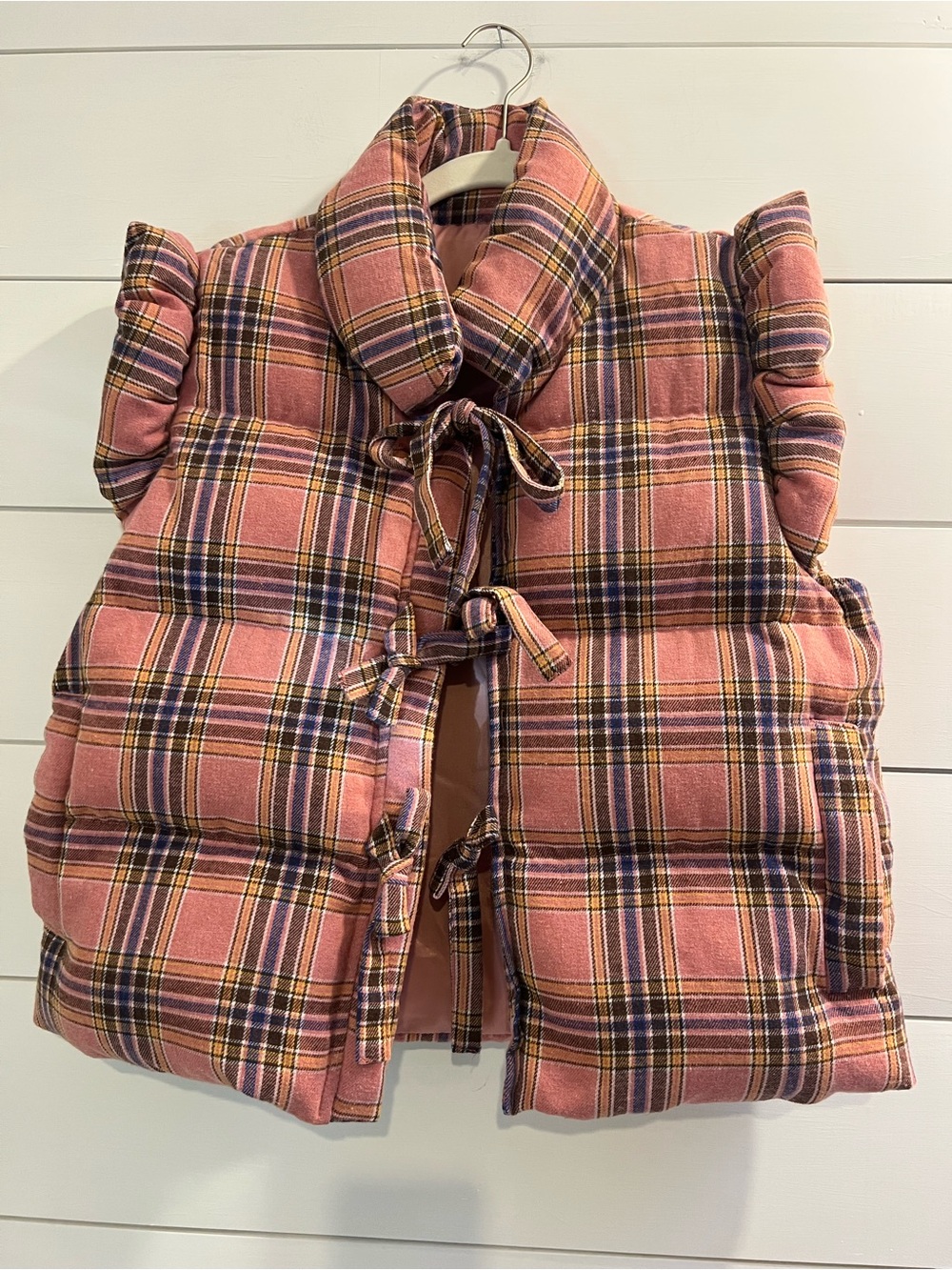 Adorable Womens Fall Pink Plaid Puffer Vest with Tie Front soft and lightweight
